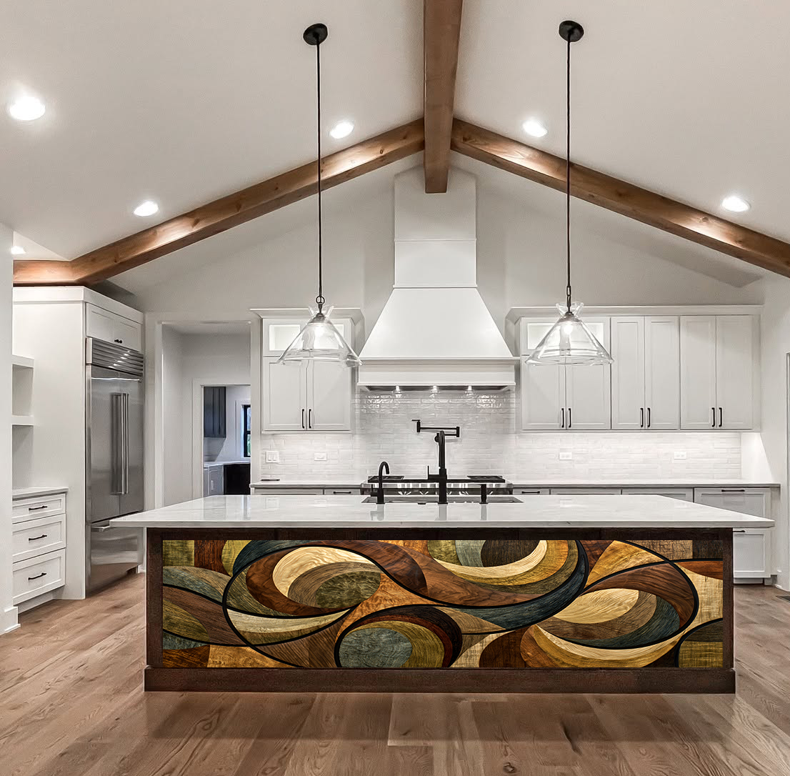 Swirling Timber Current – Architectural Kitchen Island Cladding