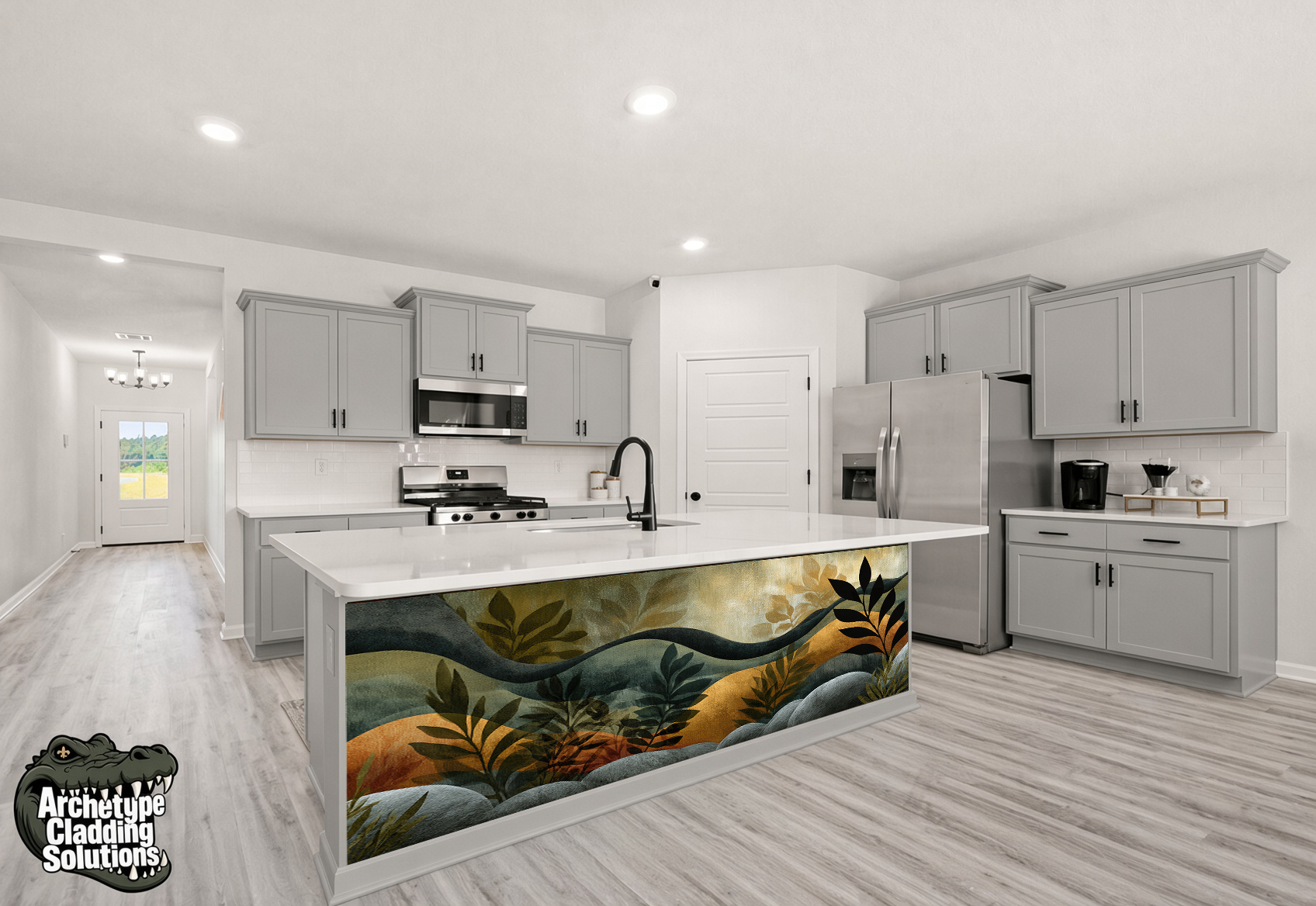 Emerald & Sage Abstract Foliage VI – Architectural Kitchen Island Cladding