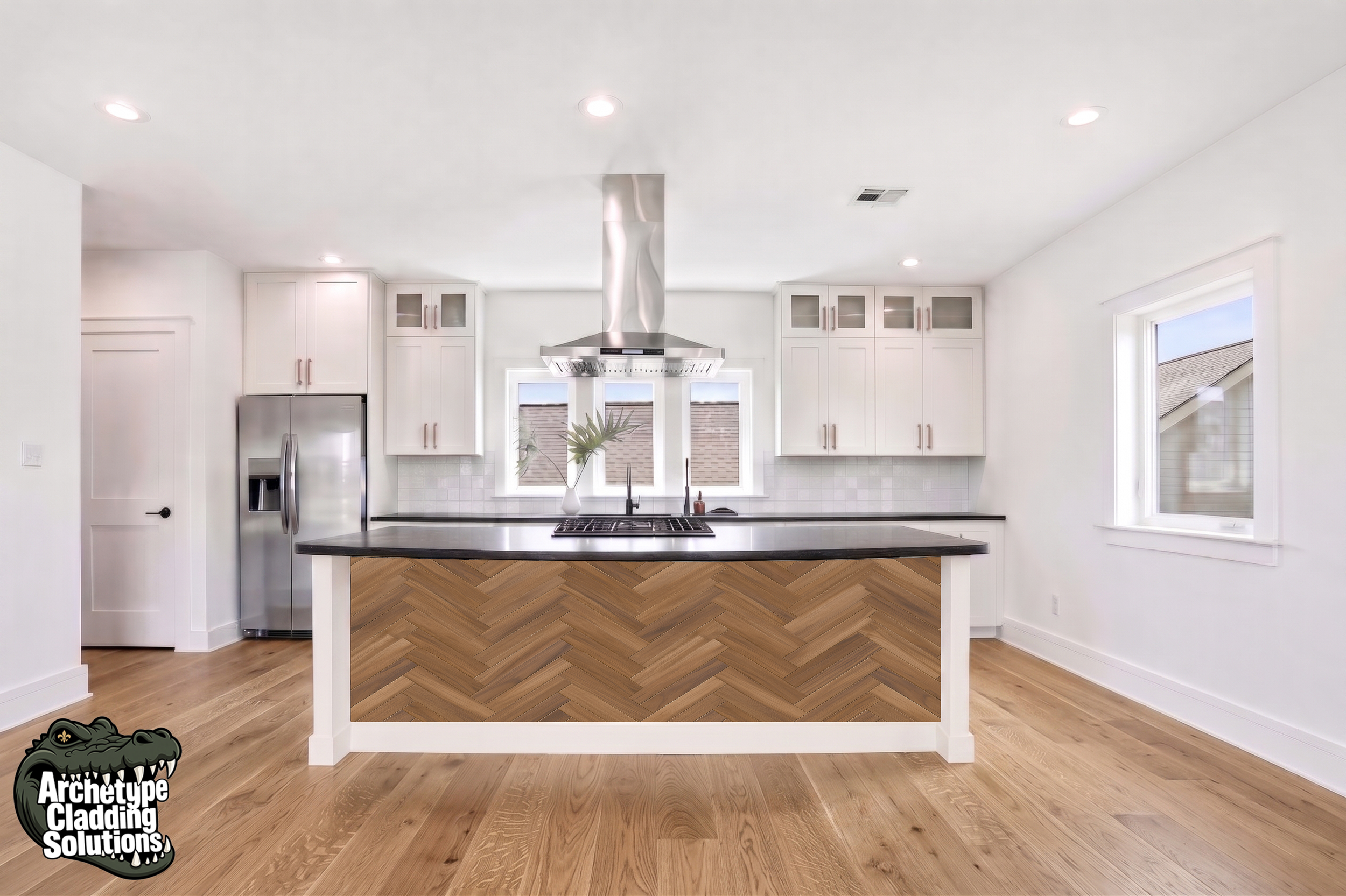 Warm Oak Chevron Parquet – Architectural Kitchen Island Cladding
