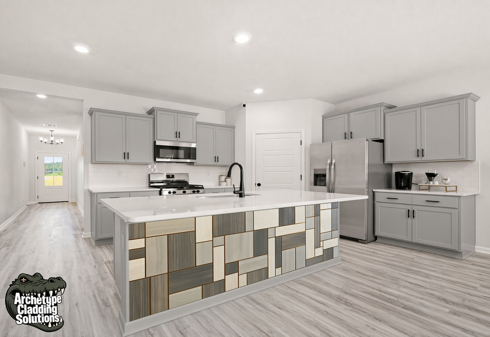 Nordic Slate & Whitewashed Oak Geometric Mosaic – Architectural Kitchen Island Cladding