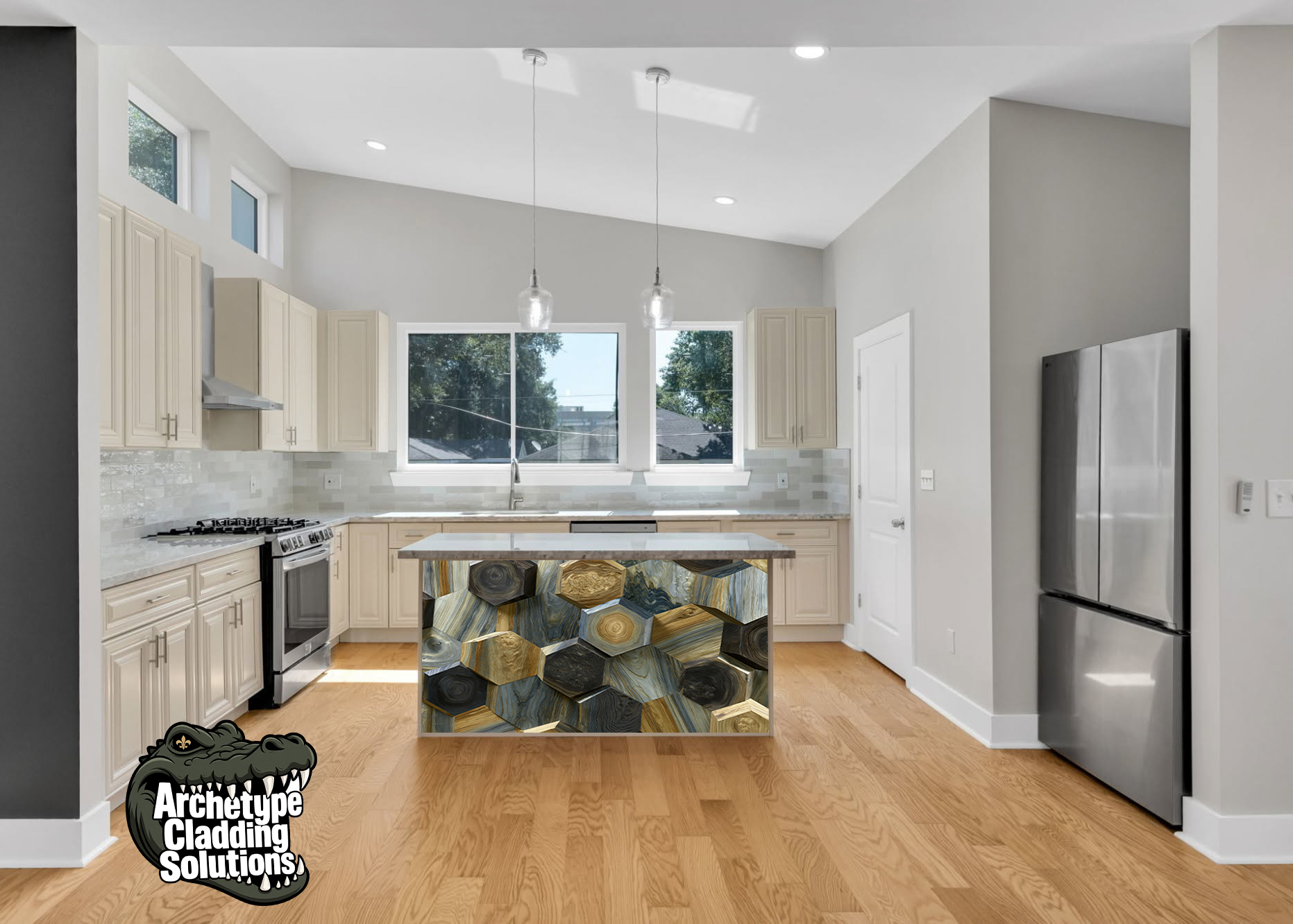 Walnut & Weathered Gray Hexagon Parquet – Architectural Cladding Panels