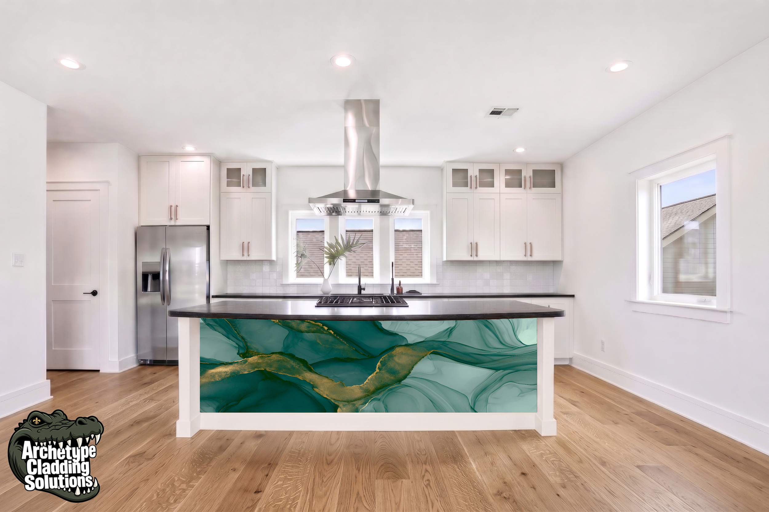 Teal Gilded Fluid – Architectural Kitchen Island Cladding
