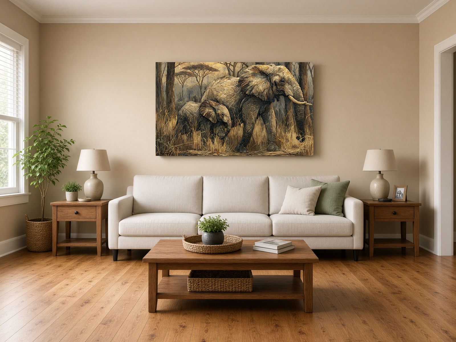 Painterly Wood Intarsia Mother Elephant & Calf Wall Art II