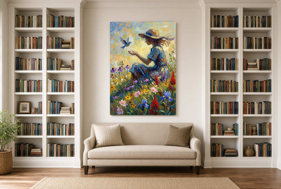 Girl and Blubird In a Louisiana field of wildflowers