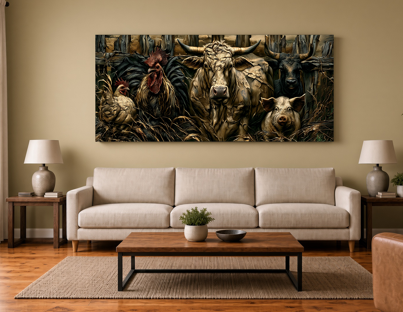 Painterly Wood Intarsia Longhorn Steer & Cattle Herd Wall Art