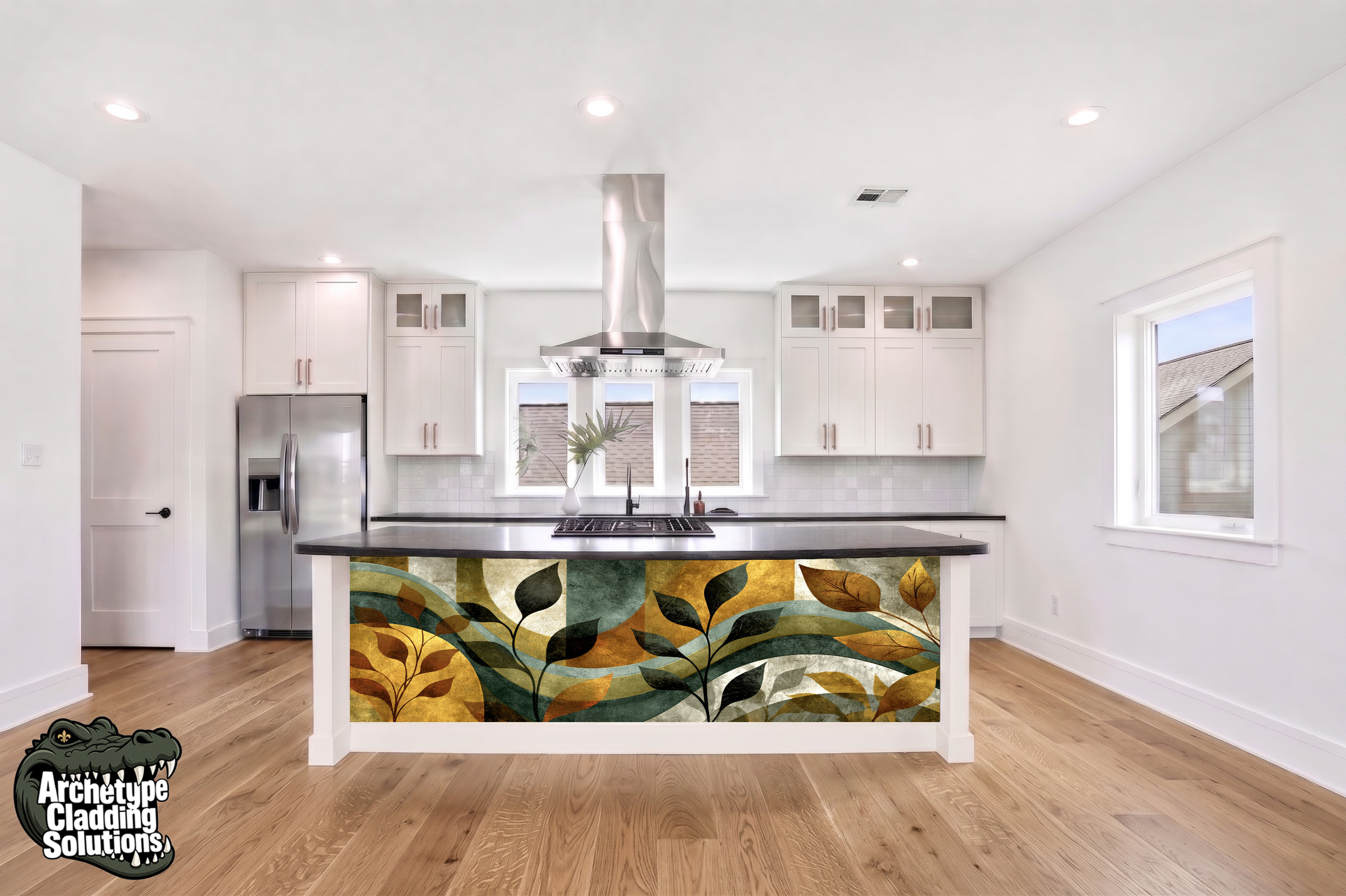 Emerald & Sage Abstract Foliage II– Architectural Kitchen Island Cladding