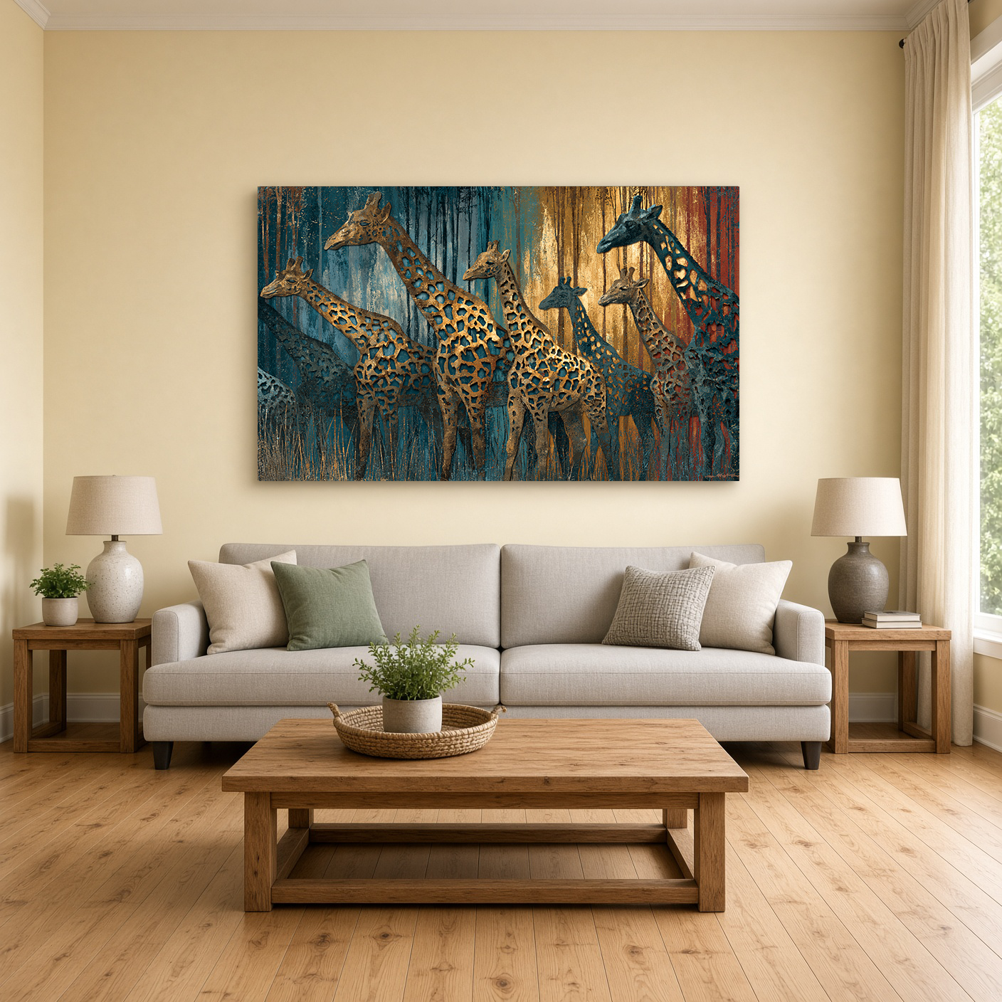 Prismatic Silhouette Giraffe Herd in Teal & Gold – Fine Art Wall Panel