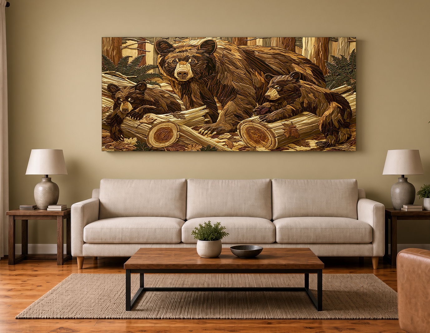 Louisiana Black Bear & Cubs: Wood Intarsia & Marquetry