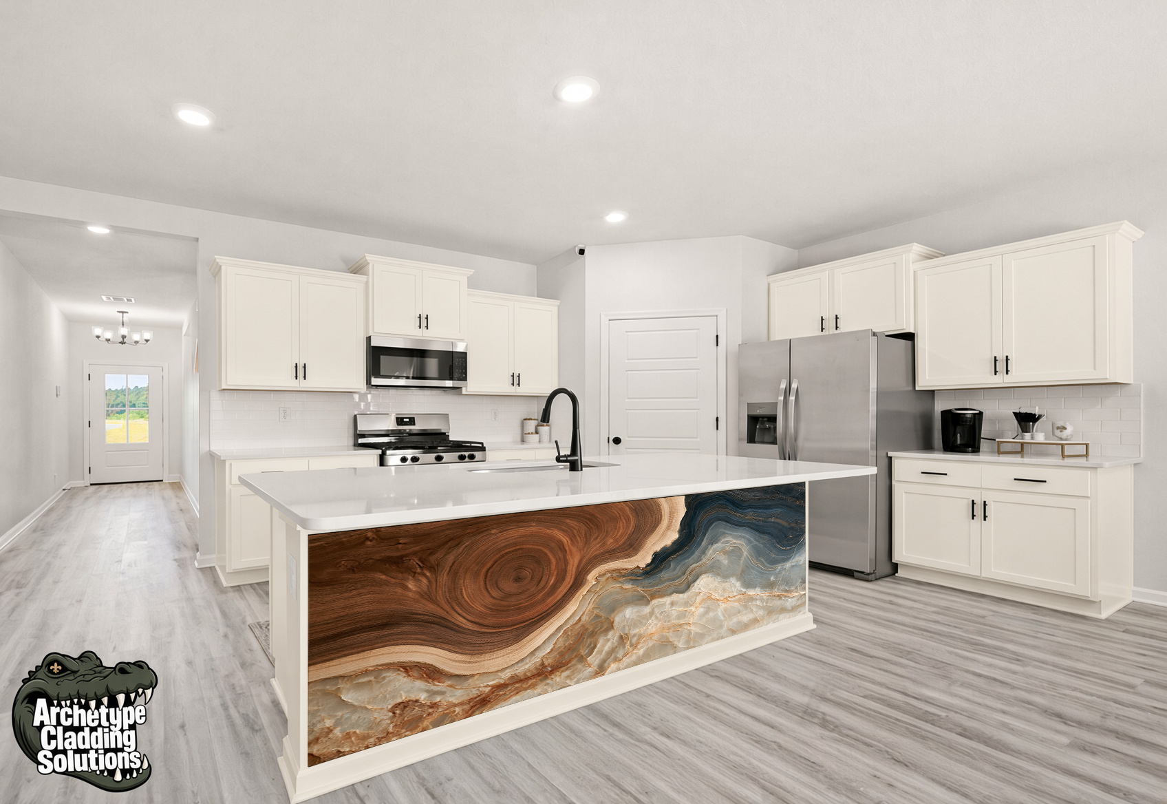 Petrified Wood & Agate Geode – Architectural Kitchen Island Cladding