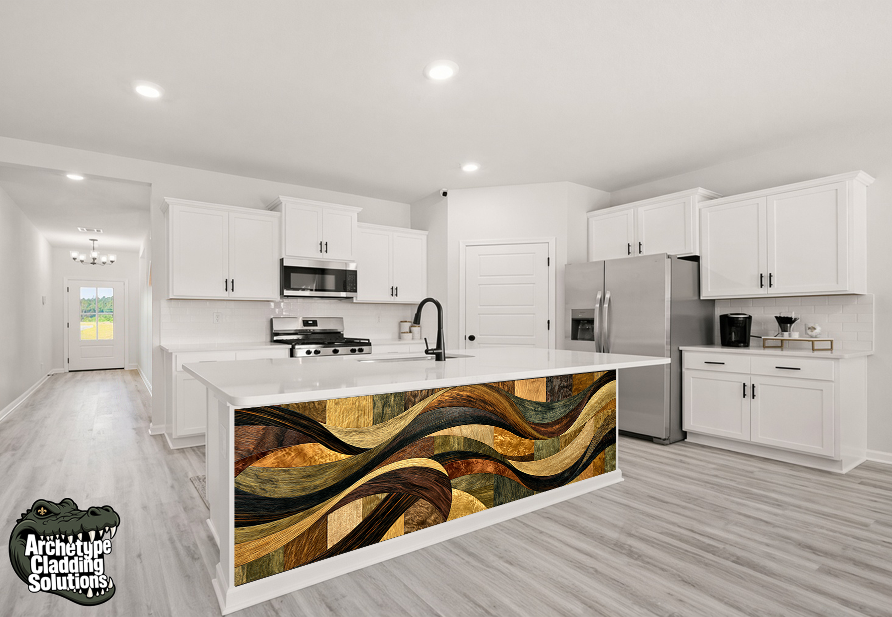 Swirling Timber Current – Architectural Kitchen Island Cladding