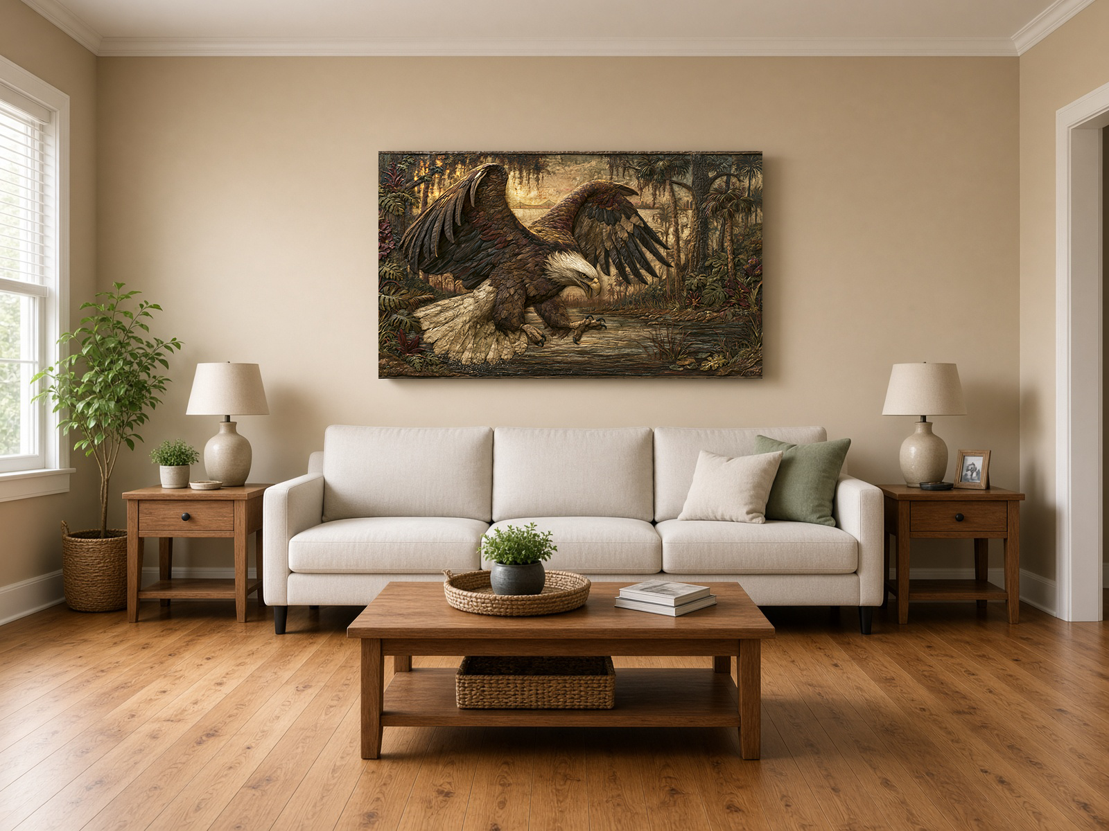 Painterly Wood Intarsia Bald Eagle over Lake Pontchartrain Wall Art II