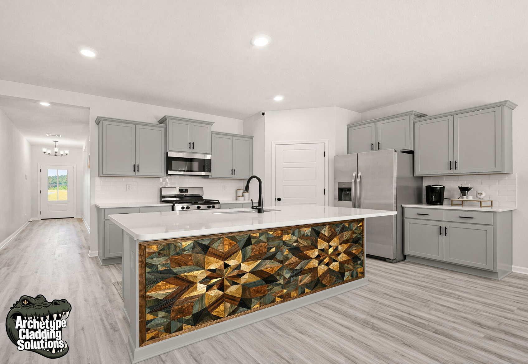 Radial Geometric Intarsia – Architectural Kitchen Island Cladding