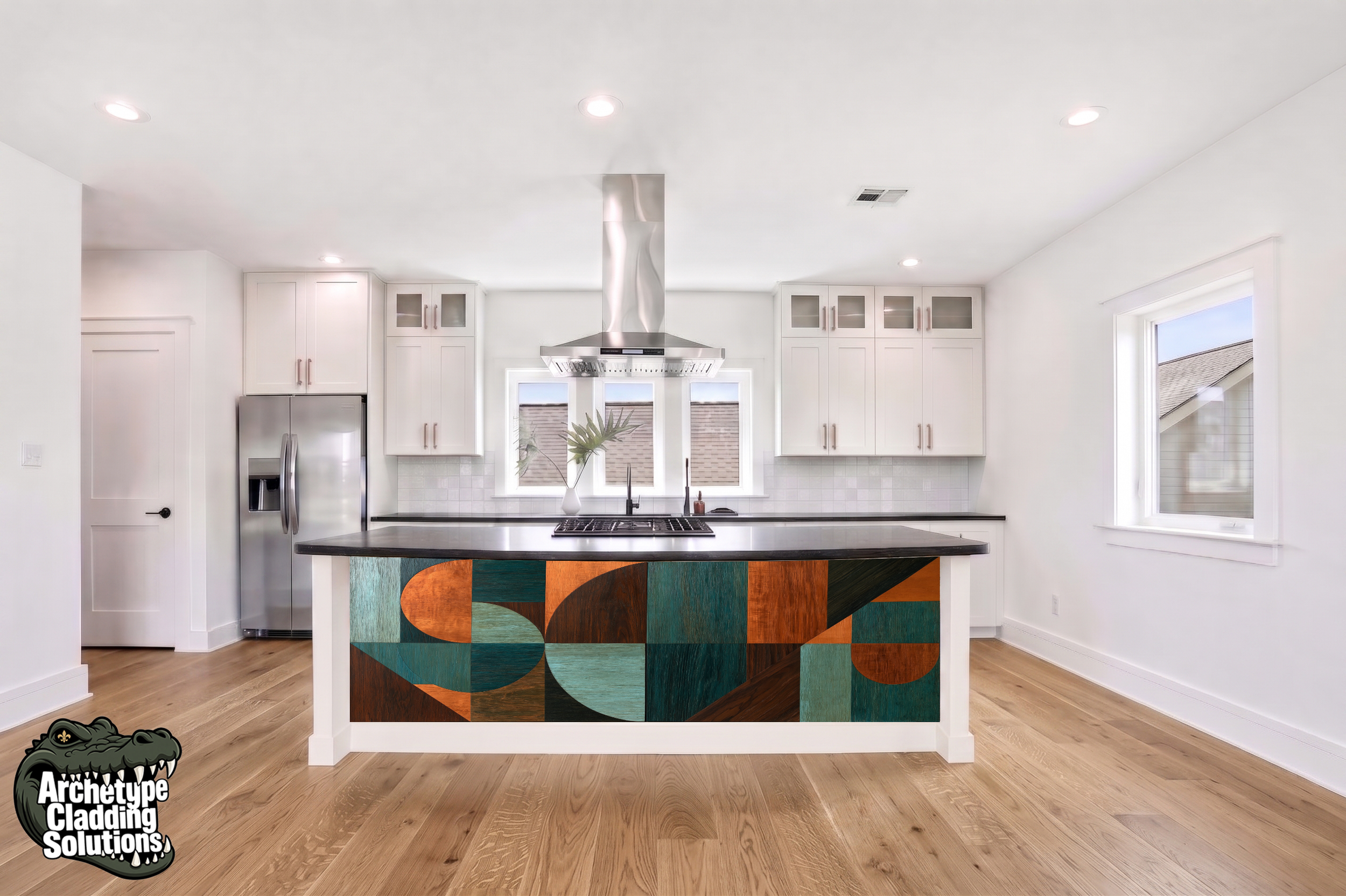 Mid-Century Geometric Wood Arc Mosaic – Architectural Kitchen Island Cladding