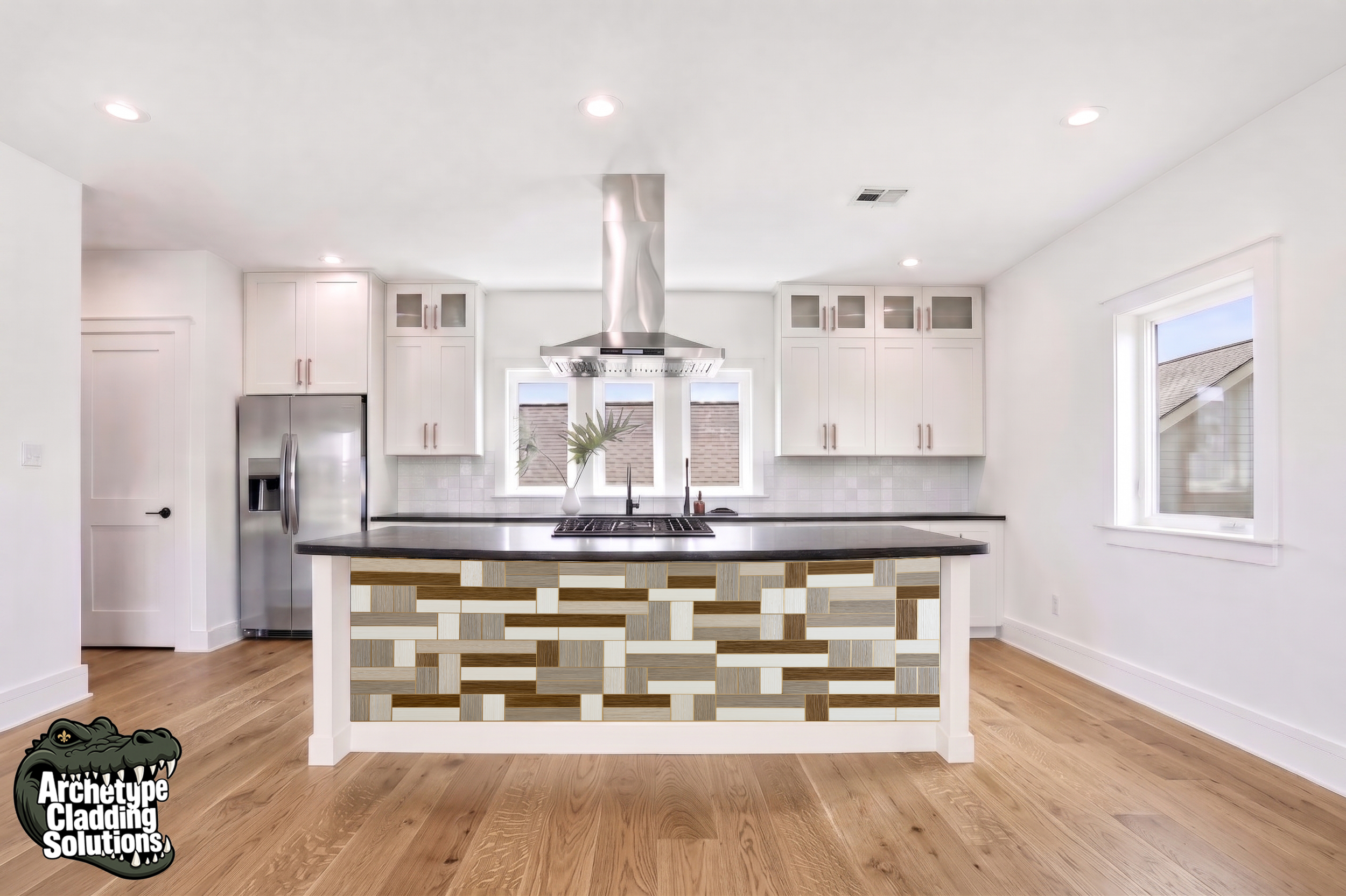 Modern Interlocking Block Parquet – Architectural Kitchen Island Cladding