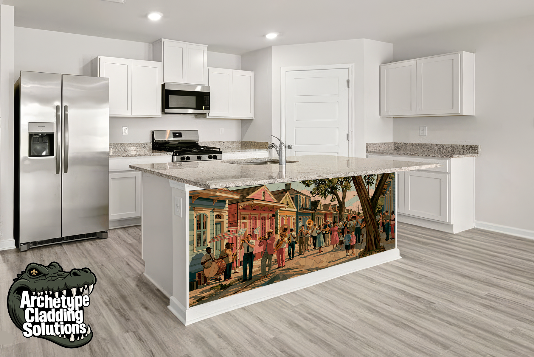 Shotgun Second Line Painterly Wood Intarsia – Architectural Kitchen Island Cladding