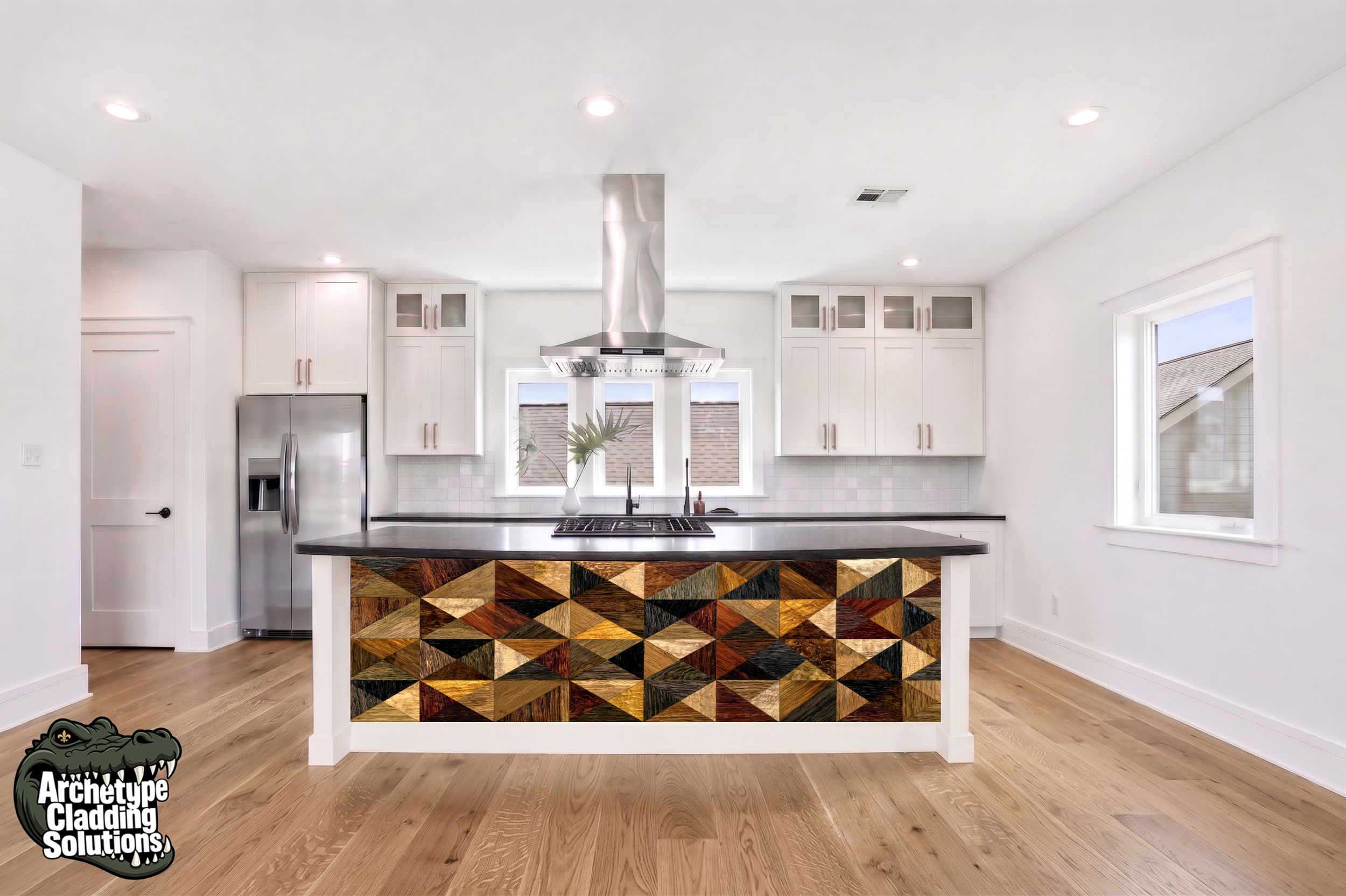 Triangular Faceted Parquet Marquetry – Architectural Kitchen Island Cladding