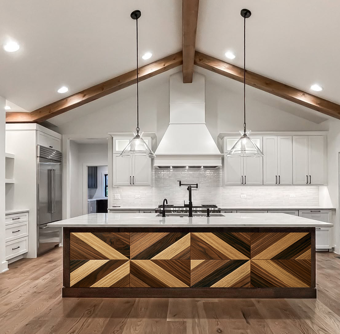 Geometric X-Parquet – Architectural Kitchen Island Cladding