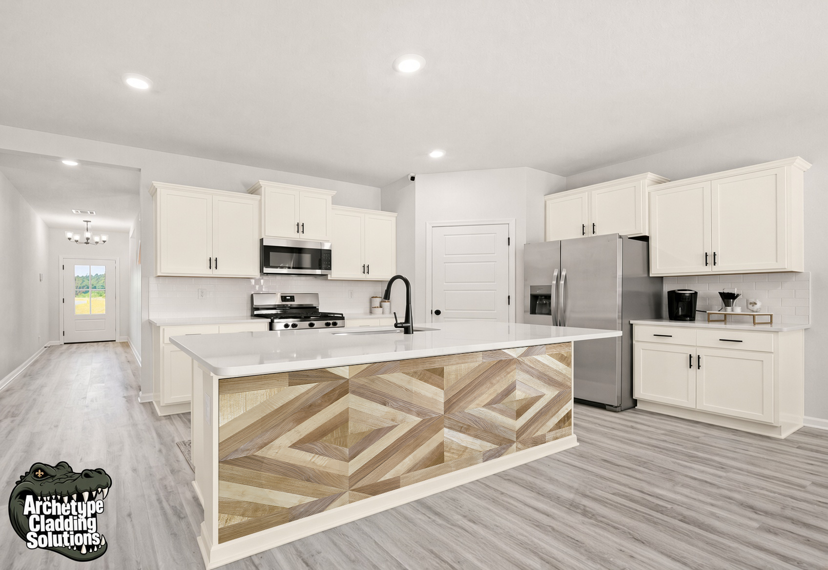 Warm Oak Diamond Marquetry – Architectural Kitchen Island Cladding