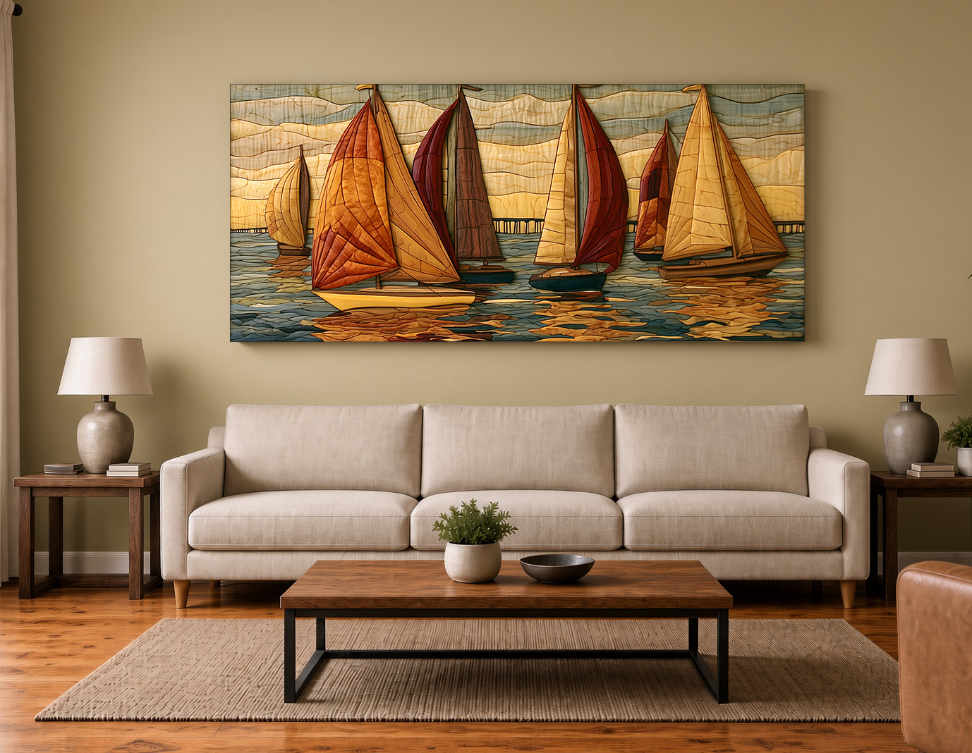 Painterly Wood Intarsia Sailboats on Lake Pontchartrain Fine Art Print