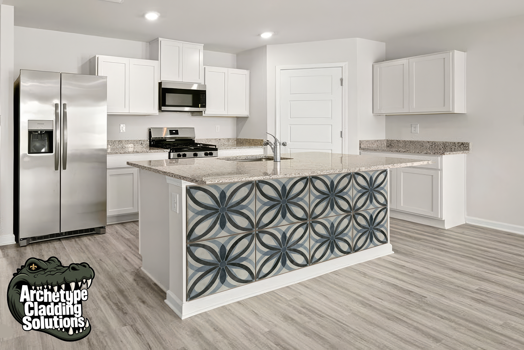 Blue Quatrefoil Repeat – Architectural Kitchen Island Cladding