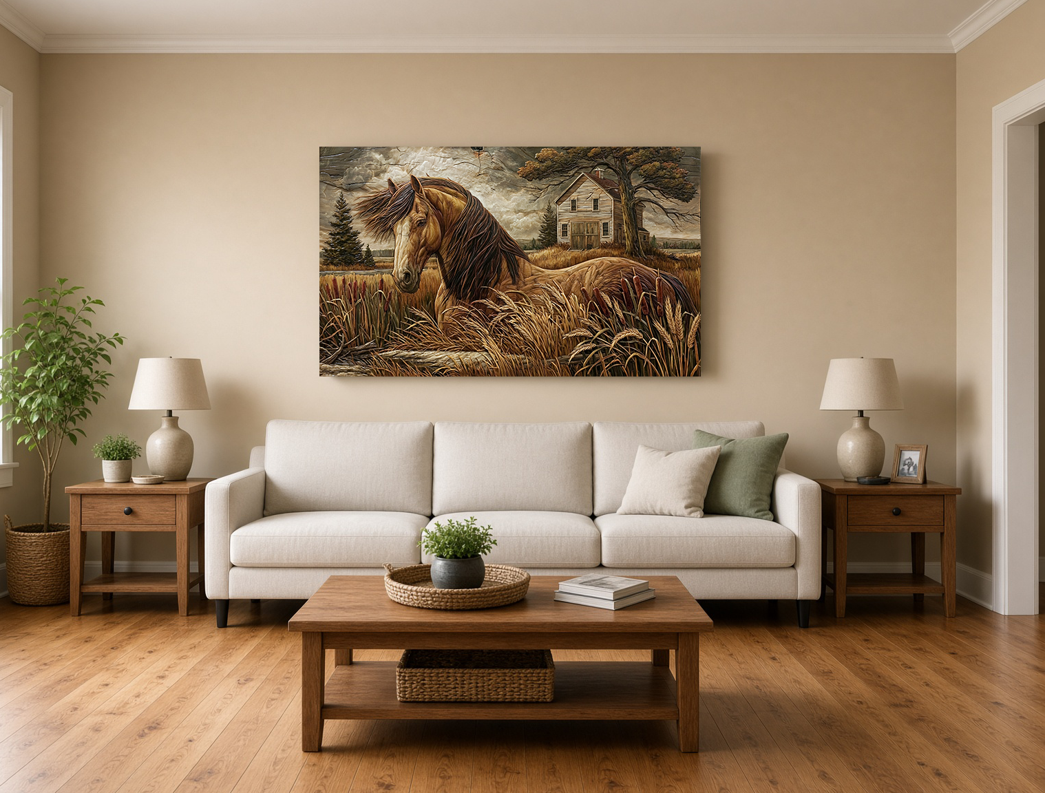 Painterly Wood Intarsia Louisiana Horse Farm Wall Art