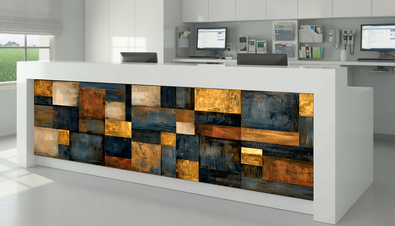 Warm Amber & Slate Geometric Grid – Architectural Cladding Panels