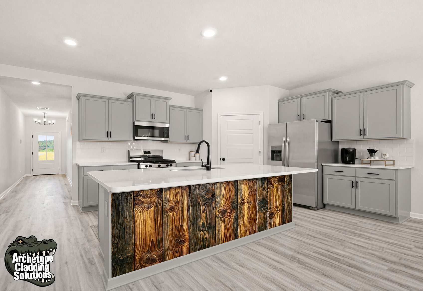 Louisiana Cypress Rustic Plank Wide– Architectural Kitchen Island Cladding