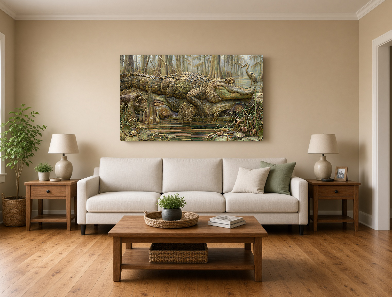 Painterly Wood Intarsia Louisiana Alligator & Heron in the Swamp Wall Art