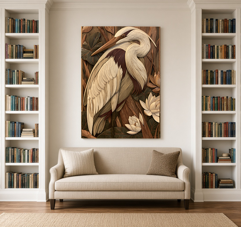 Great White Egret & Lotus Lilies – Fine Art Wall Panel