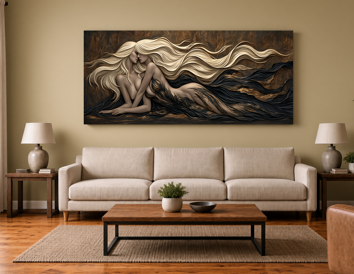 Golden Fluid Motion Lovers Entwine Modern Wall Art