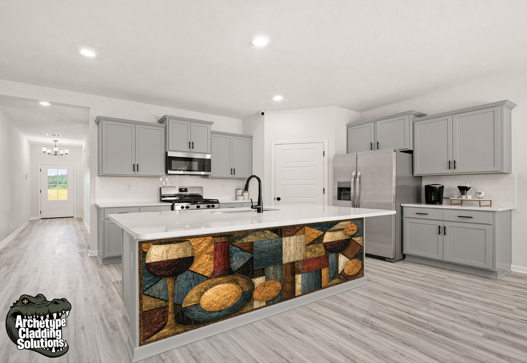 Abstract Geometric Wine & Glasses – Architectural Kitchen Island Cladding