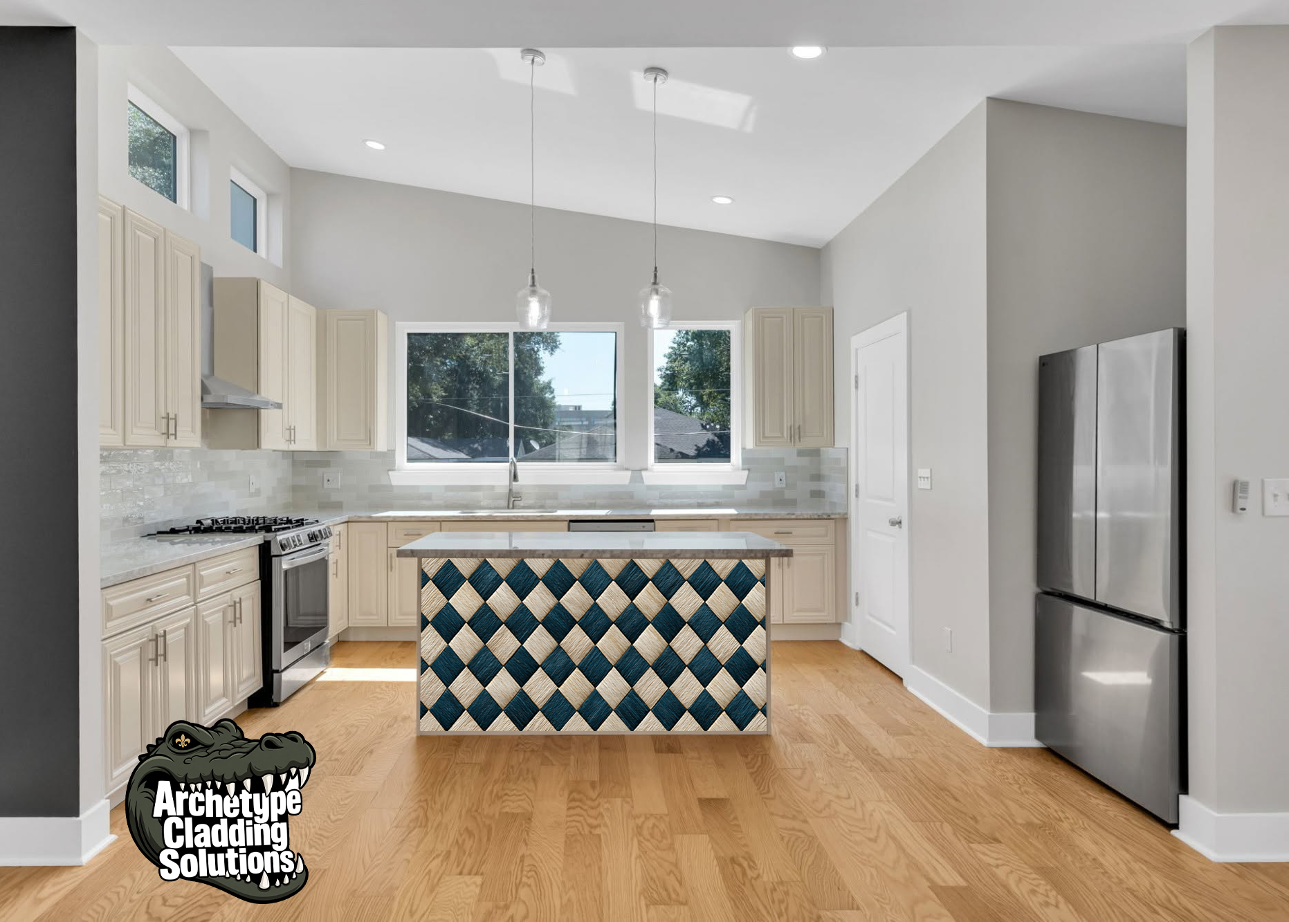 Deep Navy & Cream Harlequin Diamond Parquet – Architectural Cladding Panels