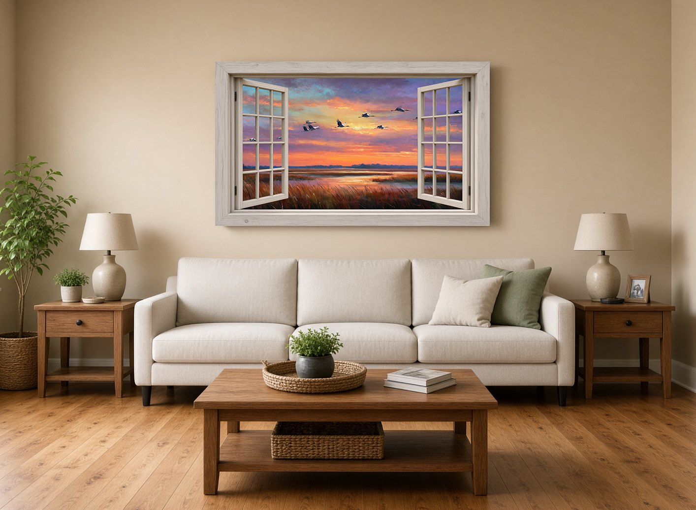 Louisiana Egret Flight & Sunset Marsh Windowscape Fine Art Print