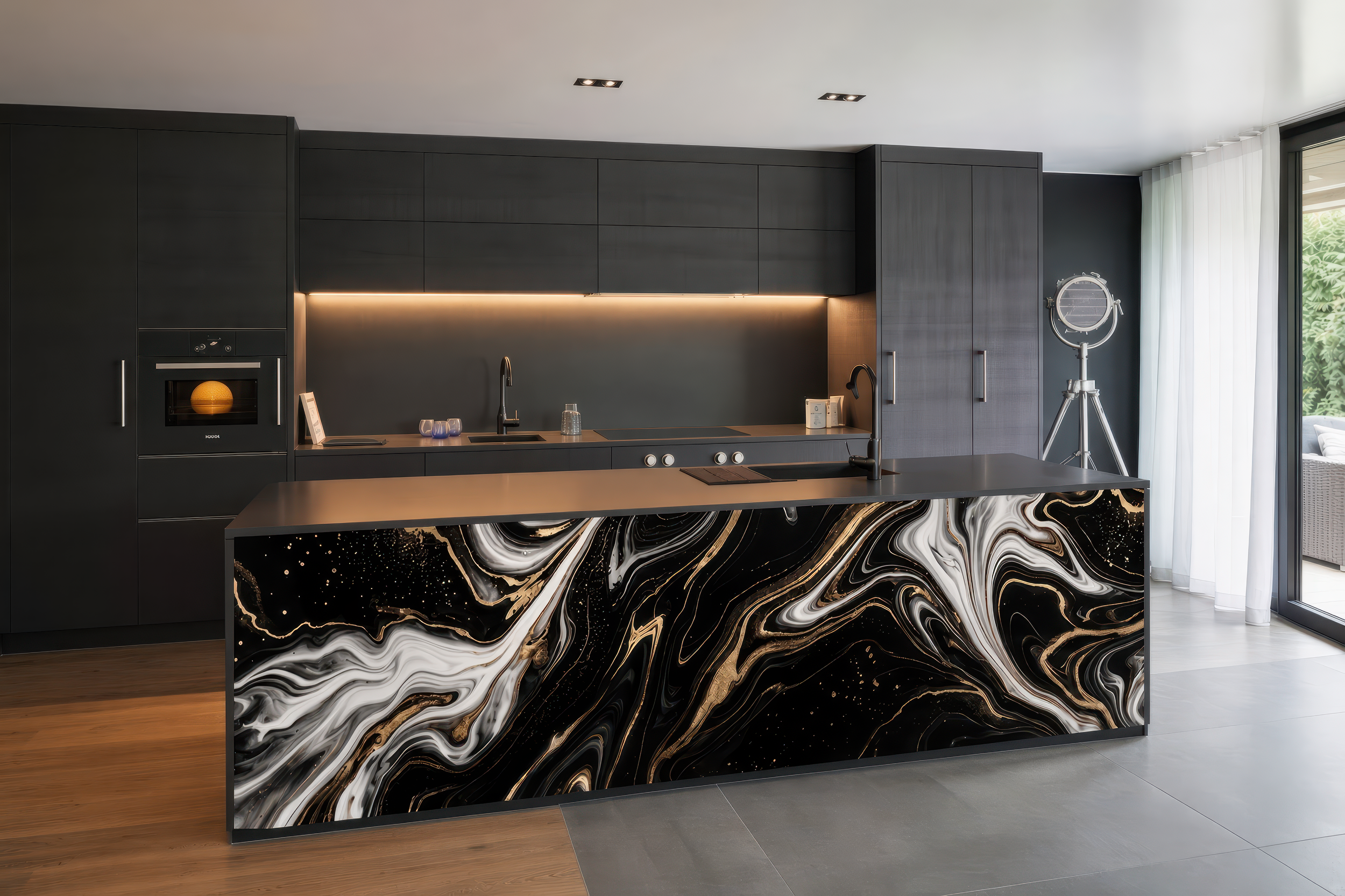 Black Gold Swirl – Architectural Kitchen Island Cladding