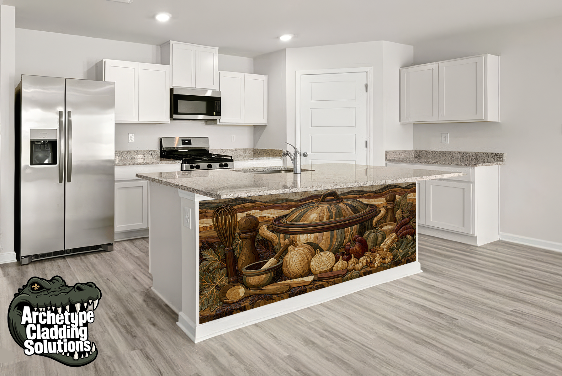 Gumbo Fixins Painterly Wood Intarsia Kitchen Island Cladding Panel