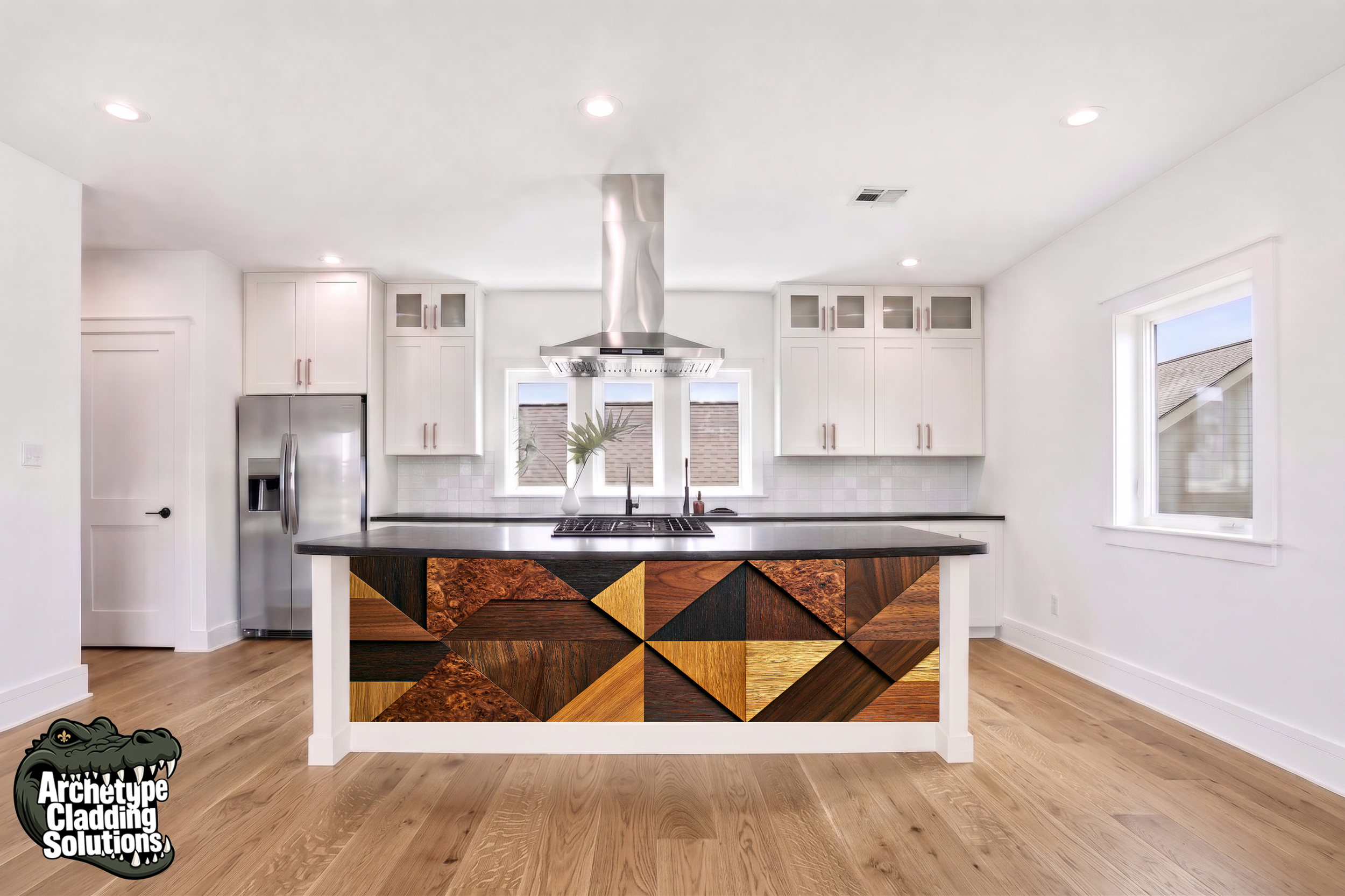 Geometric Crimson & Charcoal Wood Fan Marquetry – Architectural Kitchen Island Cladding