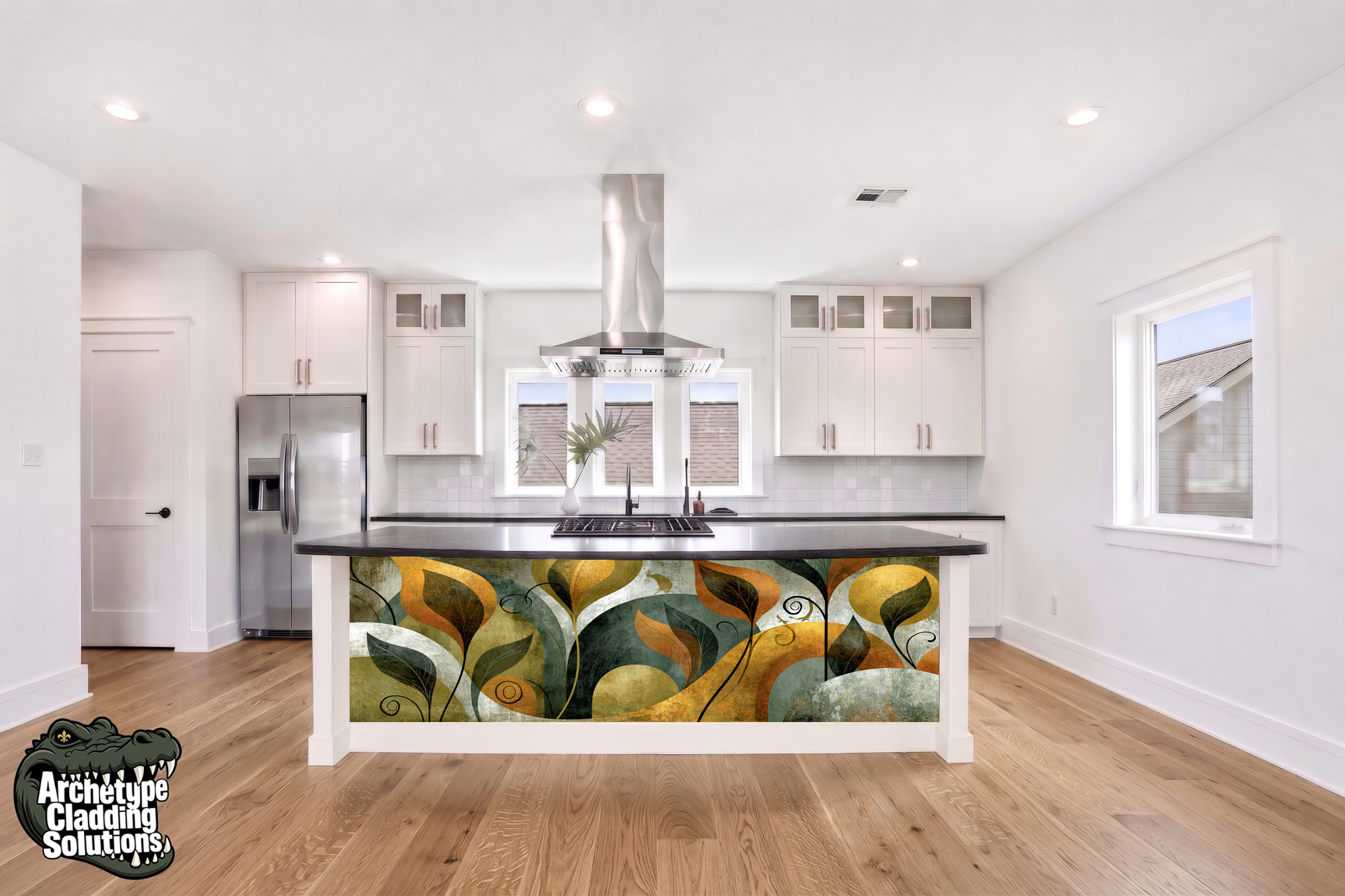 Emerald & Sage Abstract Foliage V – Architectural Kitchen Island Cladding
