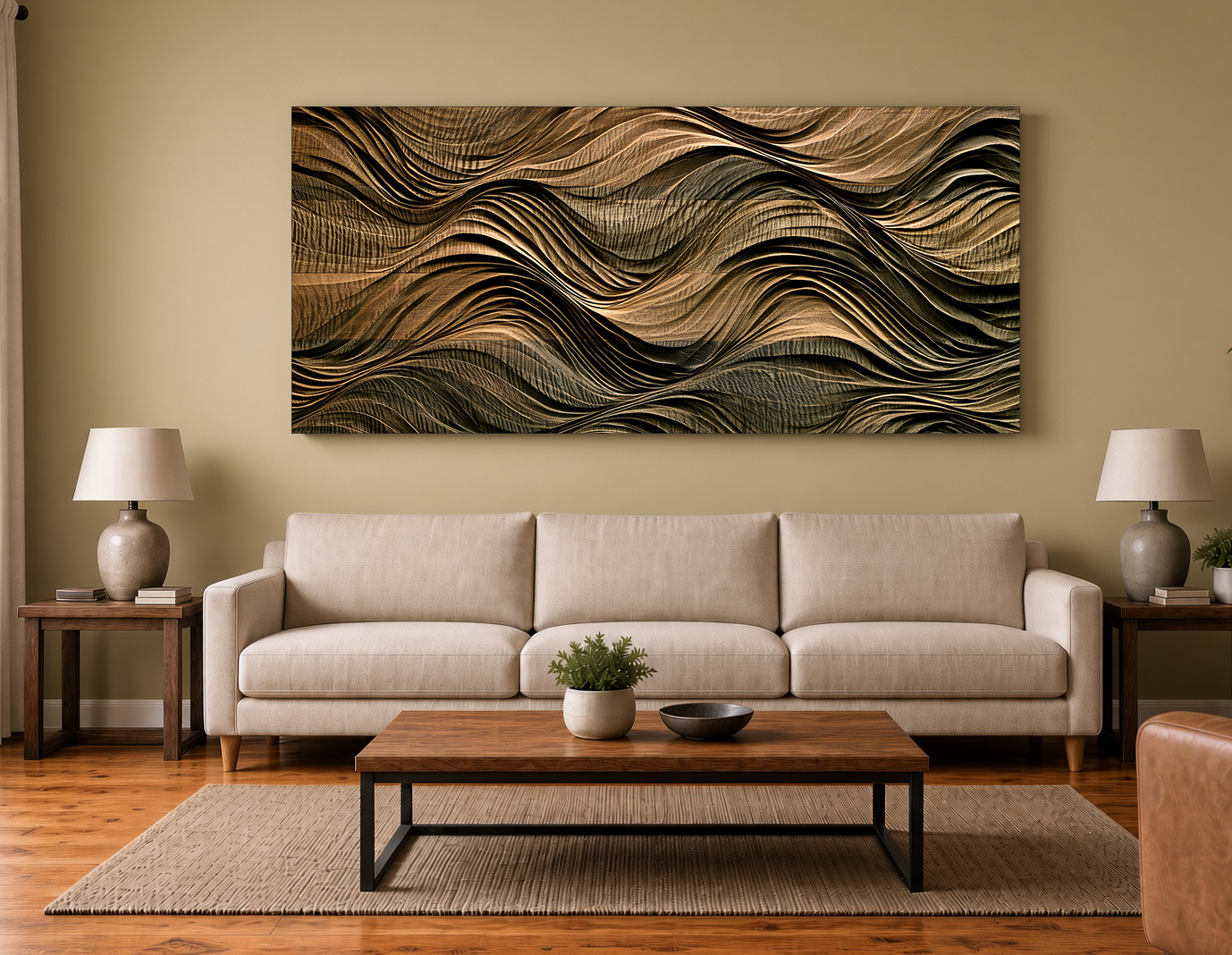 Topographical Veneer Waves: Modern Marquetry Horizon Wall Art