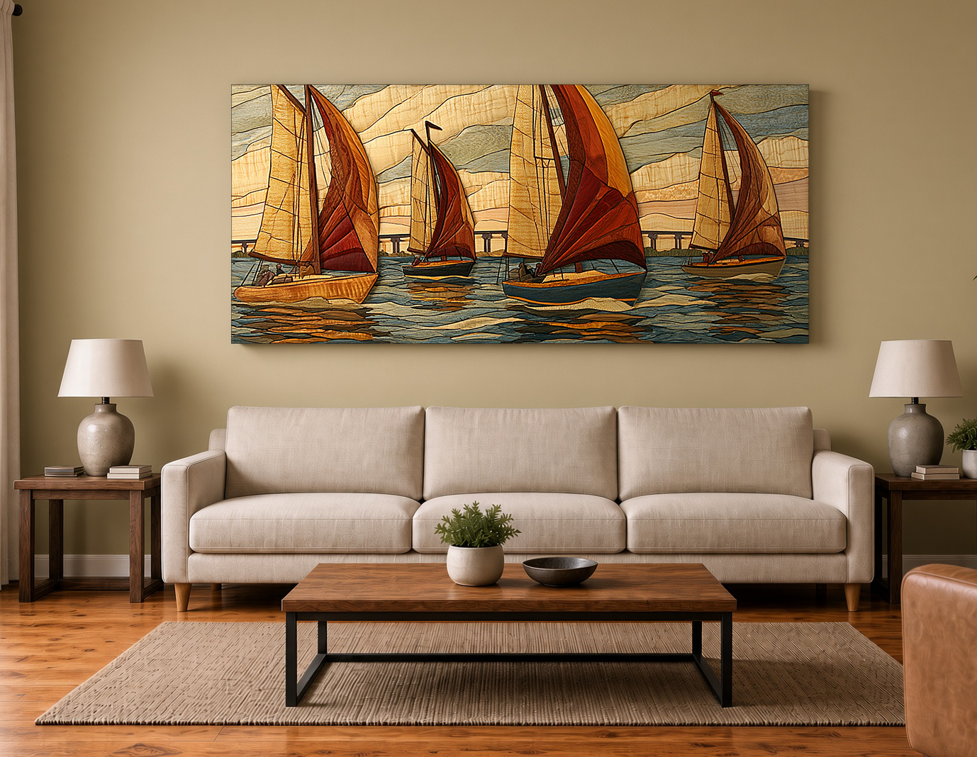 Lake Pontchartrain Sailboats: Painterly Wood Intarsia