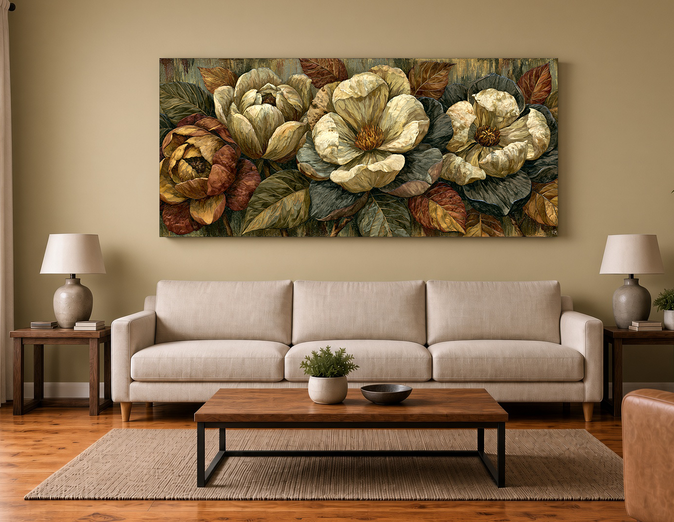Painterly Wood Intarsia Rust Magnolias Fine Art Print