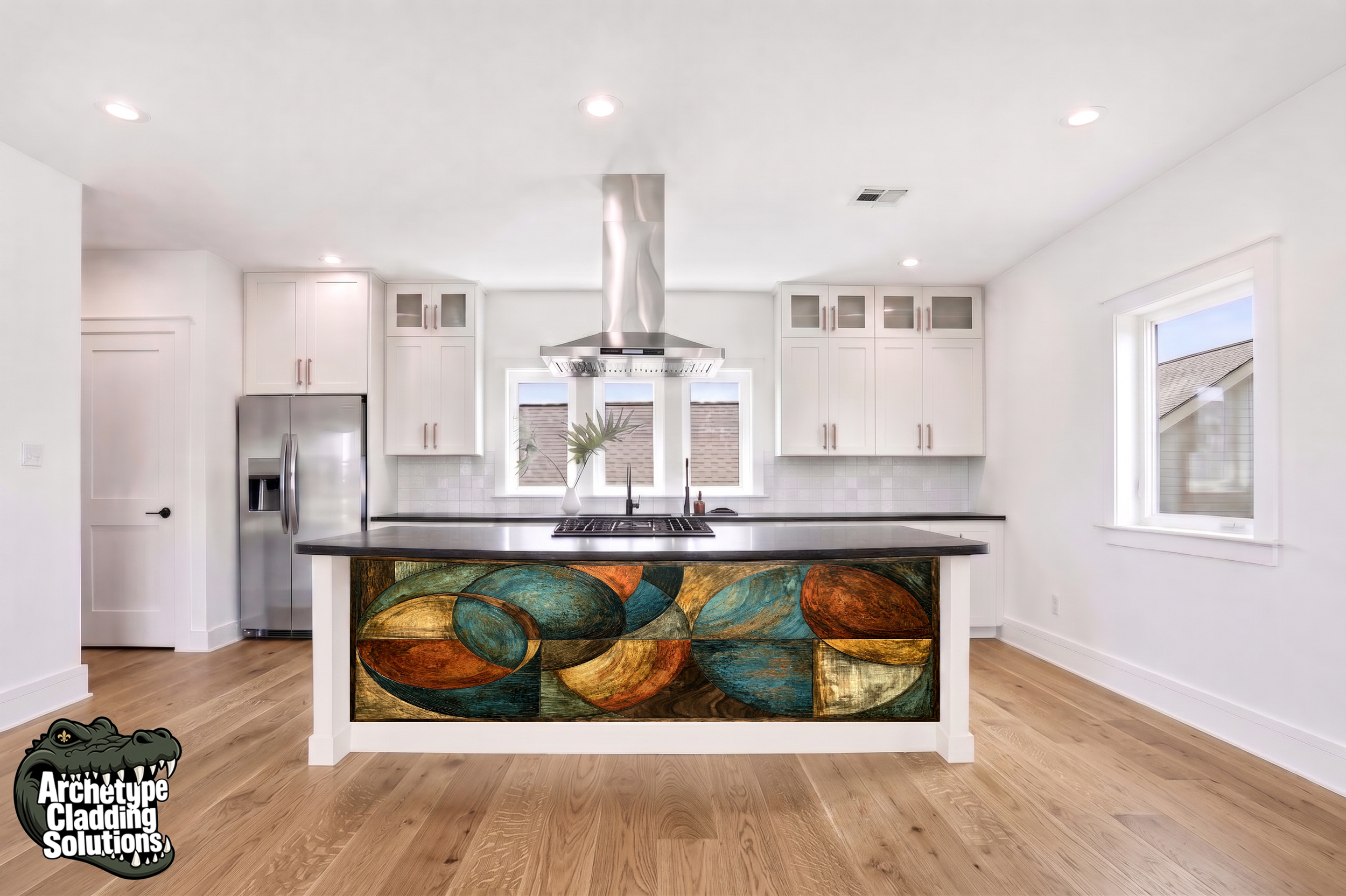 Modern Abstract Mid-Century Wood Arc Mosaic – Architectural Kitchen Island Cladding
