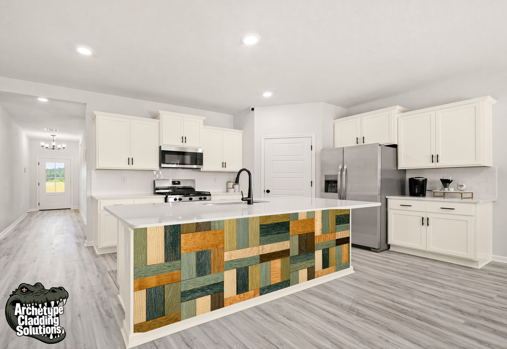 Alternating Woven Wood Block Parquet – Architectural Kitchen Island Cladding