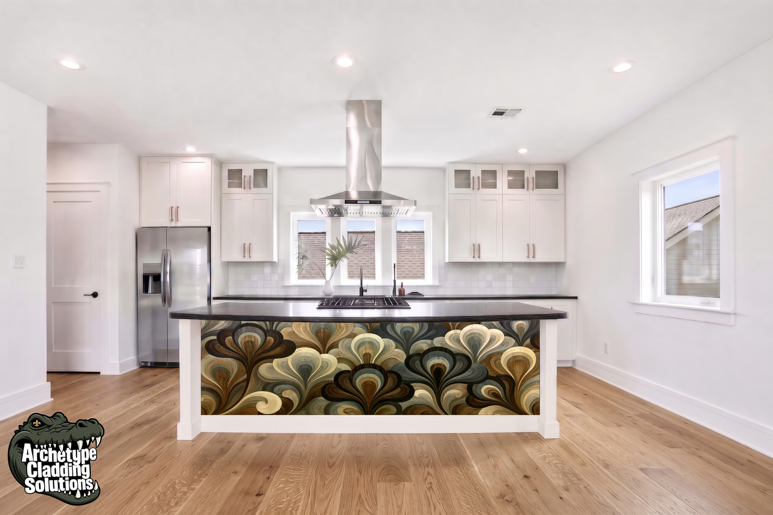 Peacock Veneer Fans – Architectural Kitchen Island Cladding