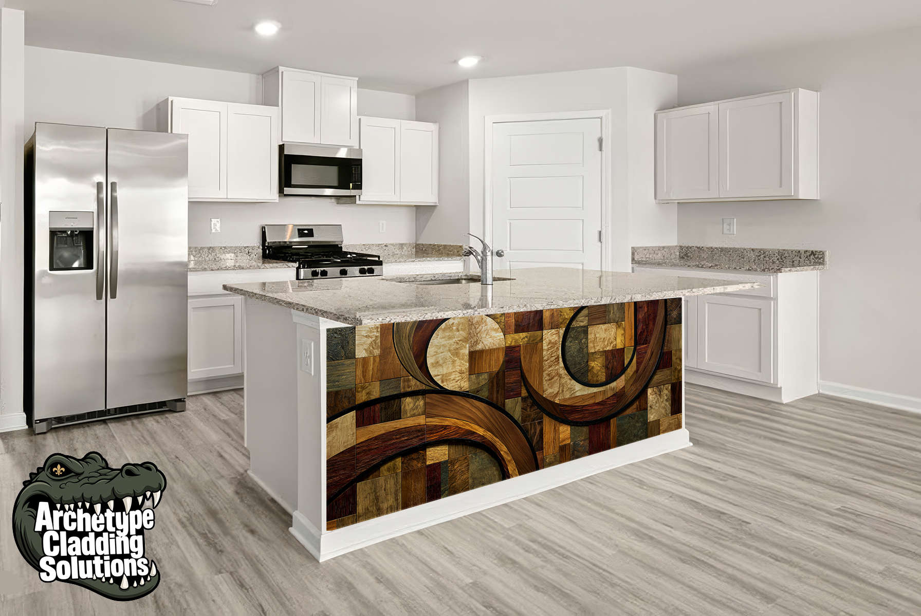 Crescent & Orbital Timber Marquetry – Architectural Kitchen Island Cladding