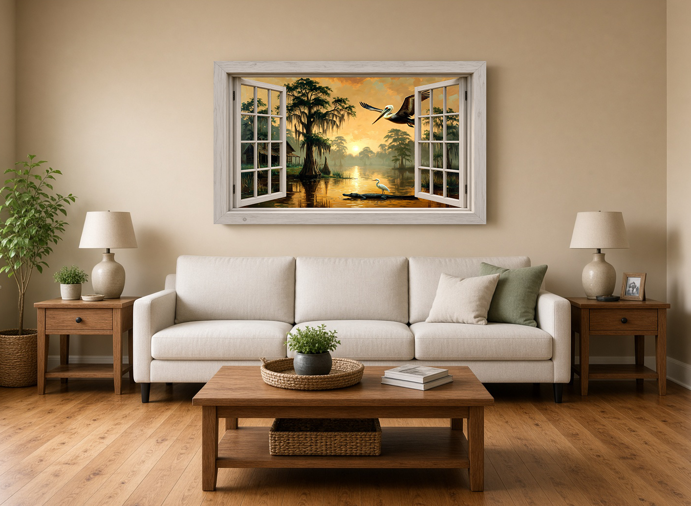 Louisiana Alligator & Pelican Sunset Windowscape Fine Art Print II