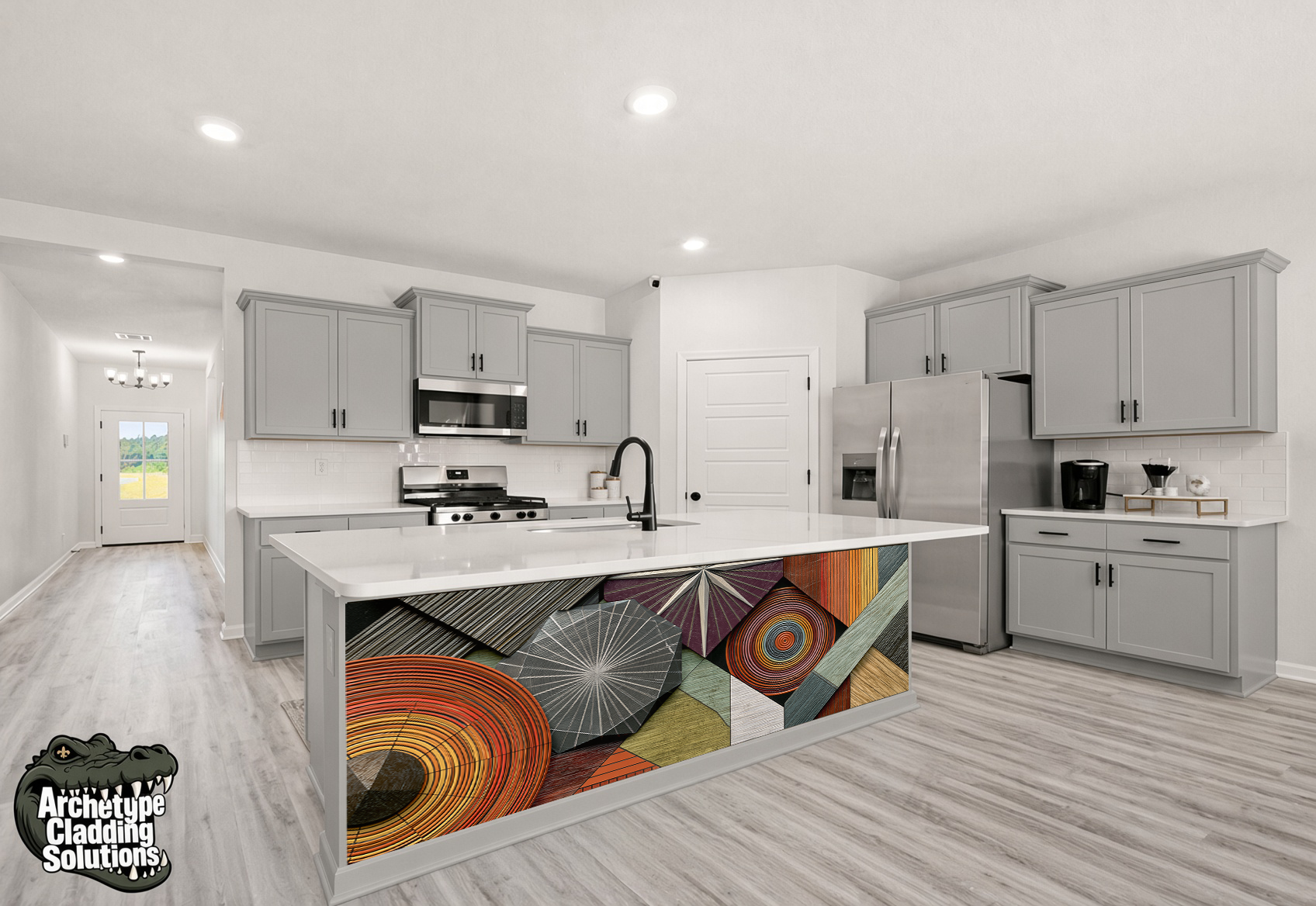 Retro Sunburst Arc Marquetry – Architectural Kitchen Island Cladding
