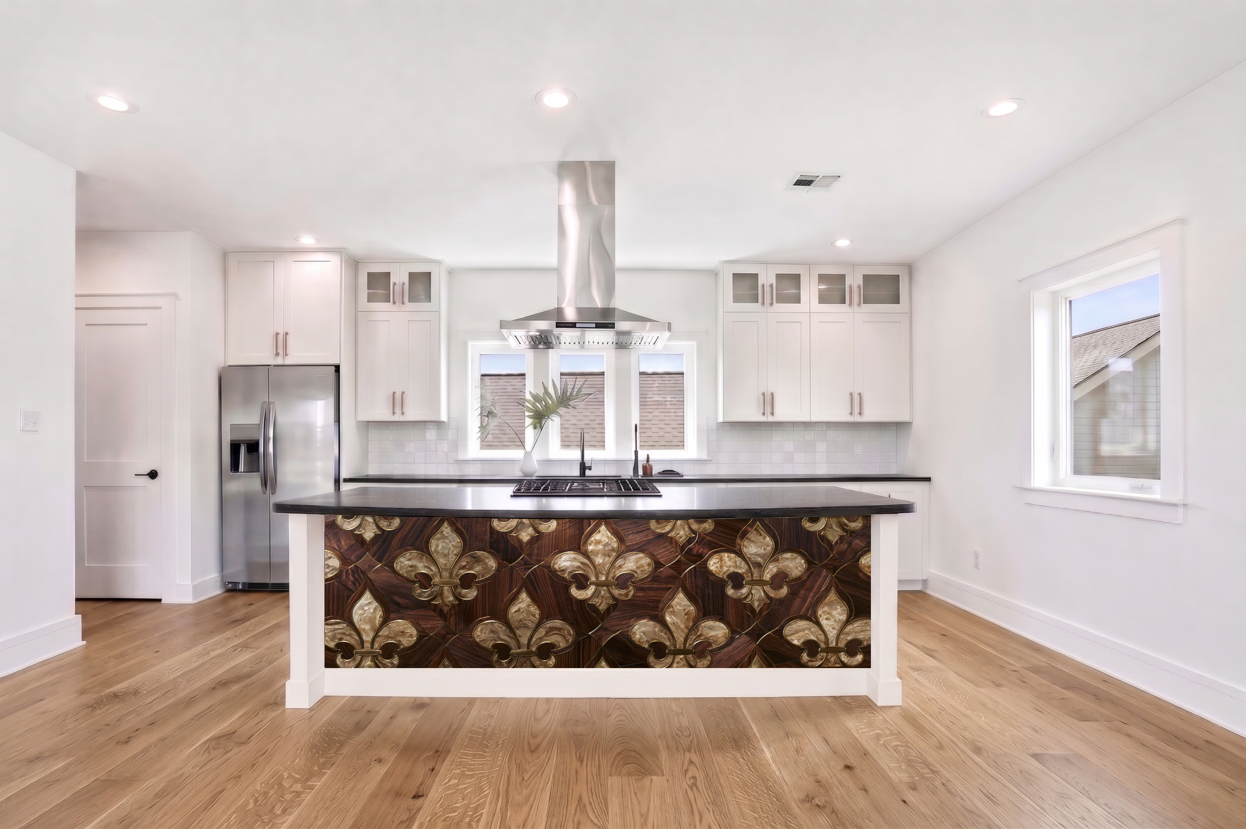 Walnut Burl & Brass Fleur-de-Lis Lattice Marquetry – Architectural Cladding Panels