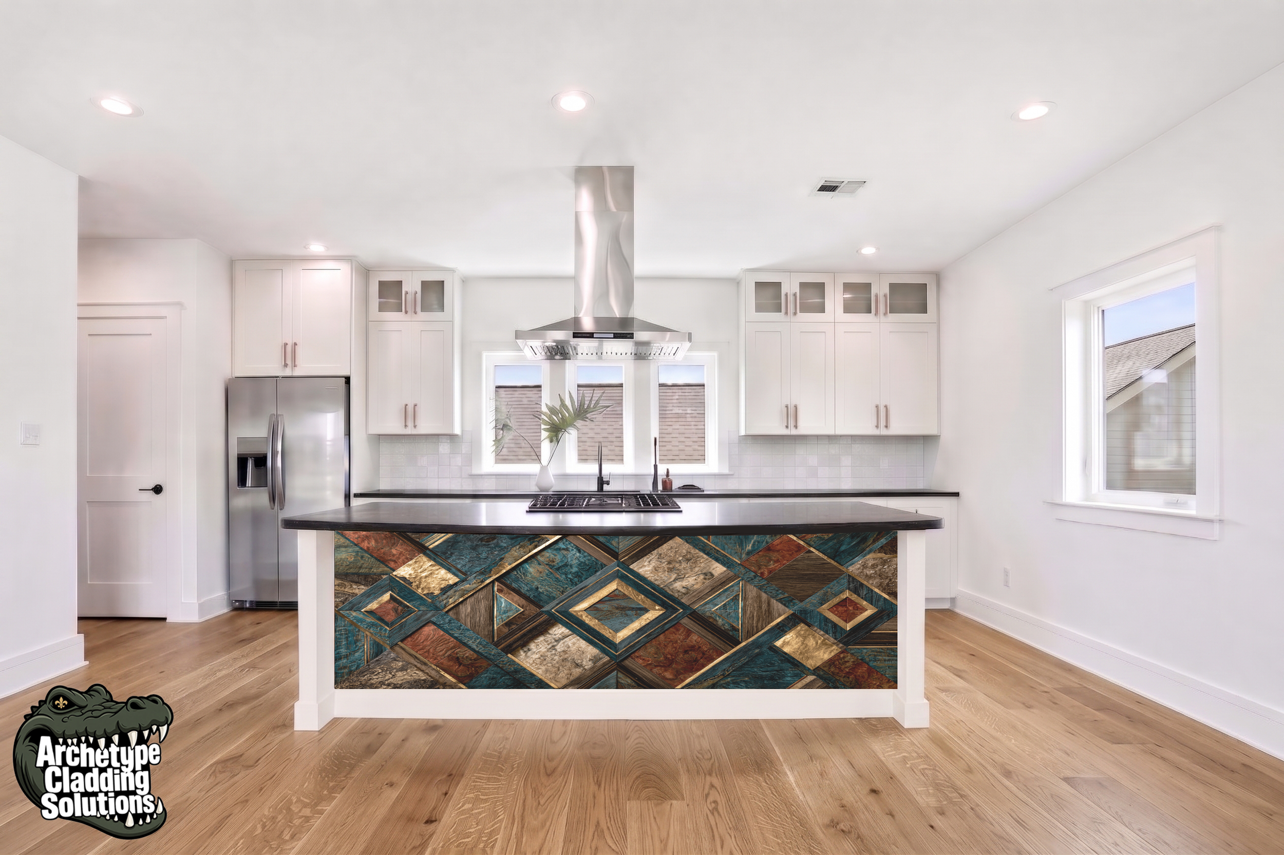 Teal & Amber Geometric Diamond Inlay – Architectural Kitchen Island Cladding