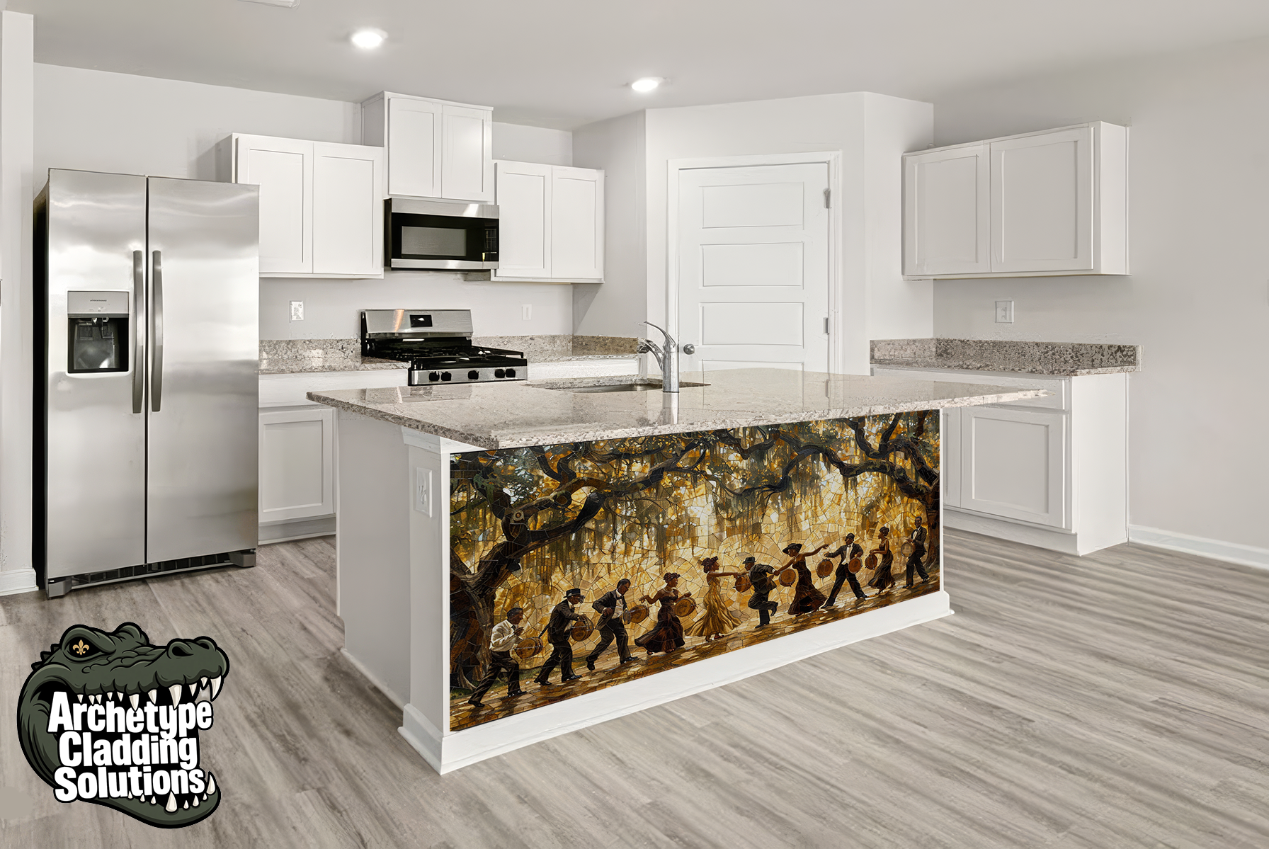Oak Canopy Second Line Painterly Wood Intarsia – Architectural Kitchen Island Cladding
