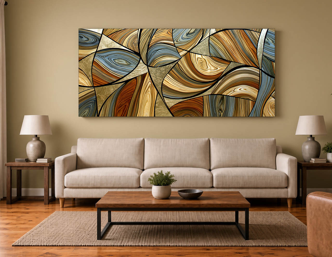 Golden Ribbon Mosaic: Modern Wide-Format Wall Art